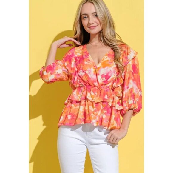 And The Why Ruffled Printed Puff Sleeve Blouse - Picture 1 of 8